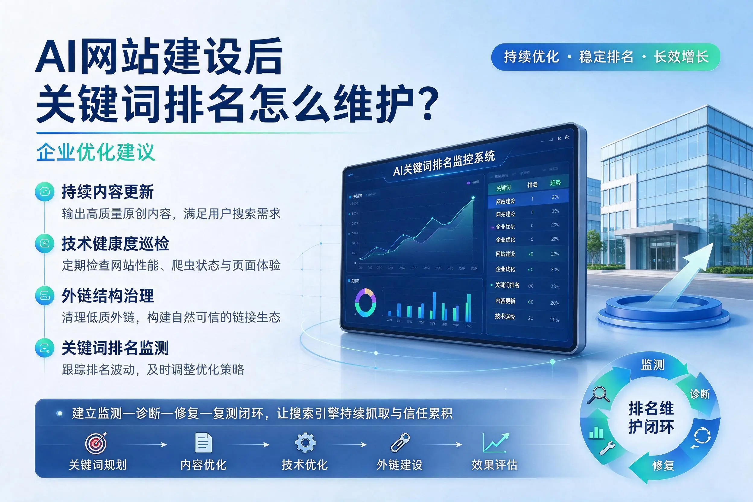 AI网站建设后关键词排名怎么维护？山南企业优化建议