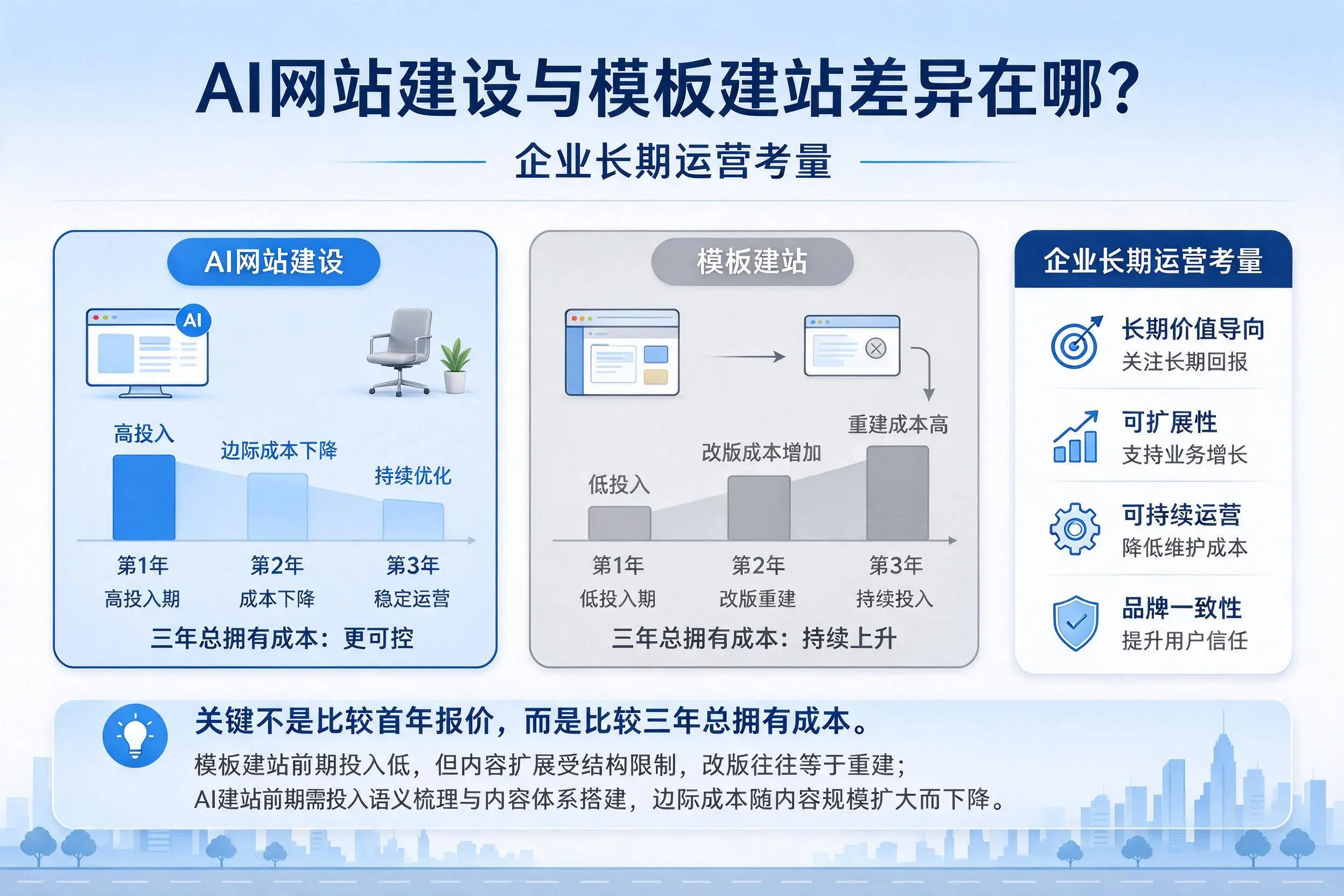 AI网站建设与模板建站差异在哪?山南企业长期运营考量